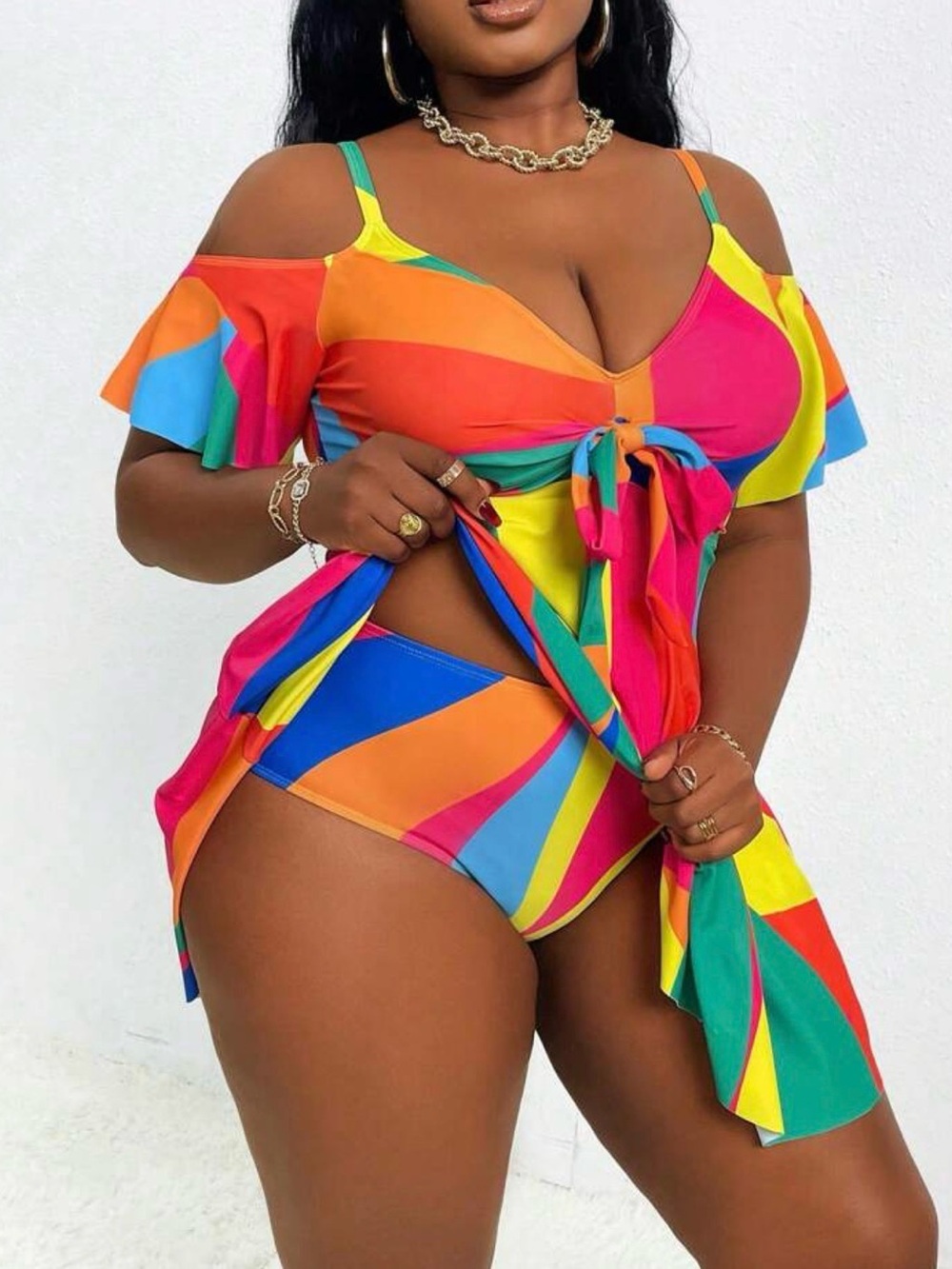 Plus size Vibrant multicolor Tankini Set Swimsuit with Ruffles.
